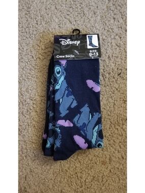 Disney Men's Crew Socks - Navy with Blue & Purple Stitch Pattern